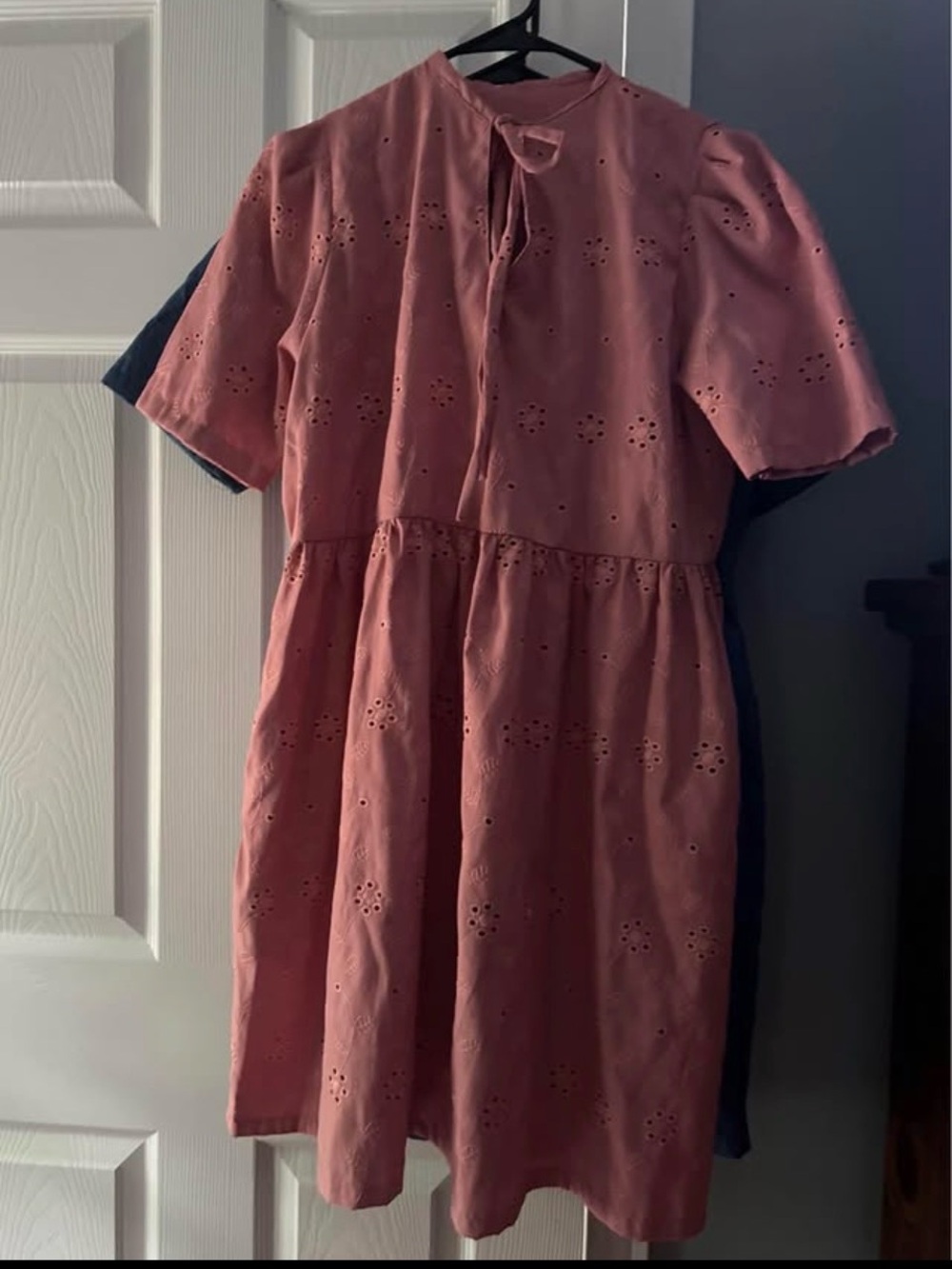 Rose Pink Eyelet Tie-Neck Casual Dress